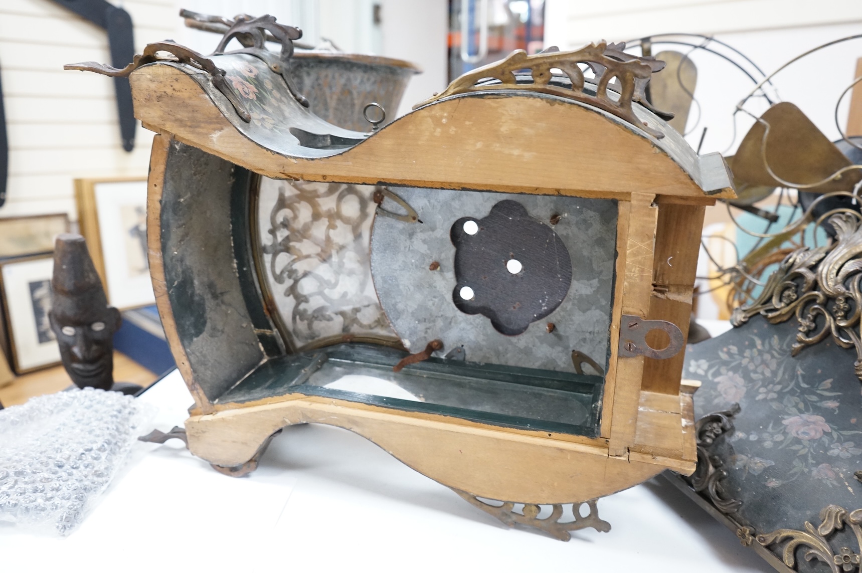 A Louis XV style gilt metal mounted Vernis Martin bracket clock case and bracket, lacking movement, 77cm high